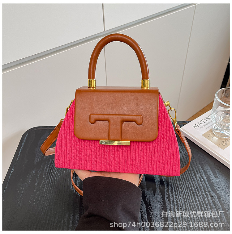 跨境高欧美复古级感撞色手提包时尚百搭拼接单肩包简约休闲斜挎包|undefined