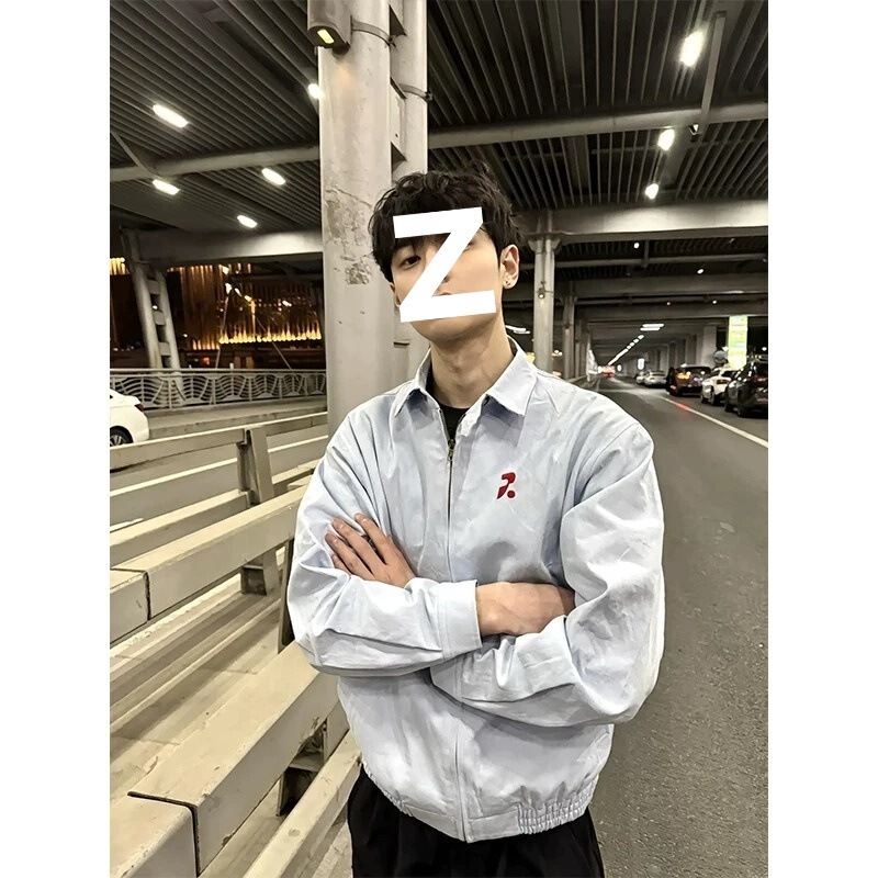 National trend brand light blue embroidered lapel shoulder jacket spring short cleanfit workwear jacket for men with a high-end feel