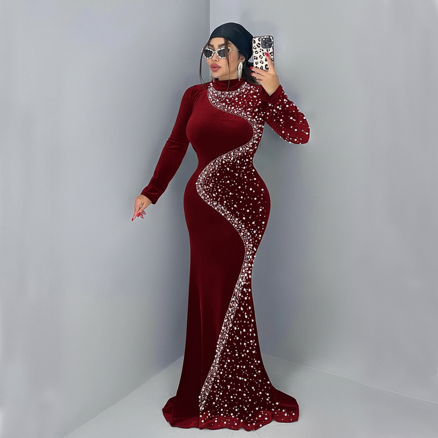 C7616 Aliexpress transfronterizo Amazon Europa y América de moda moda femenina temperamento elegante de seda de diamante vestido de vestido