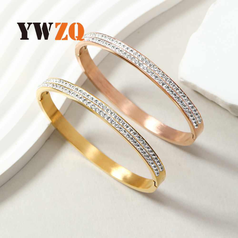 Cross-border Elegante estrellada pulsera de acero de titanio avanzado de dos filas de barro Diamante de diamante incrustado O-tipo hebilla pulsera de acero inoxidable