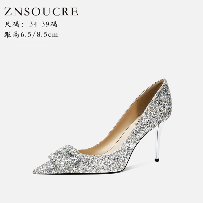 708-A27 New Elegant High Heel Women's Companion Shoes Wedding Main Yarn High Heels Square Diamond Stiletto High Heels Pointed Shoes
