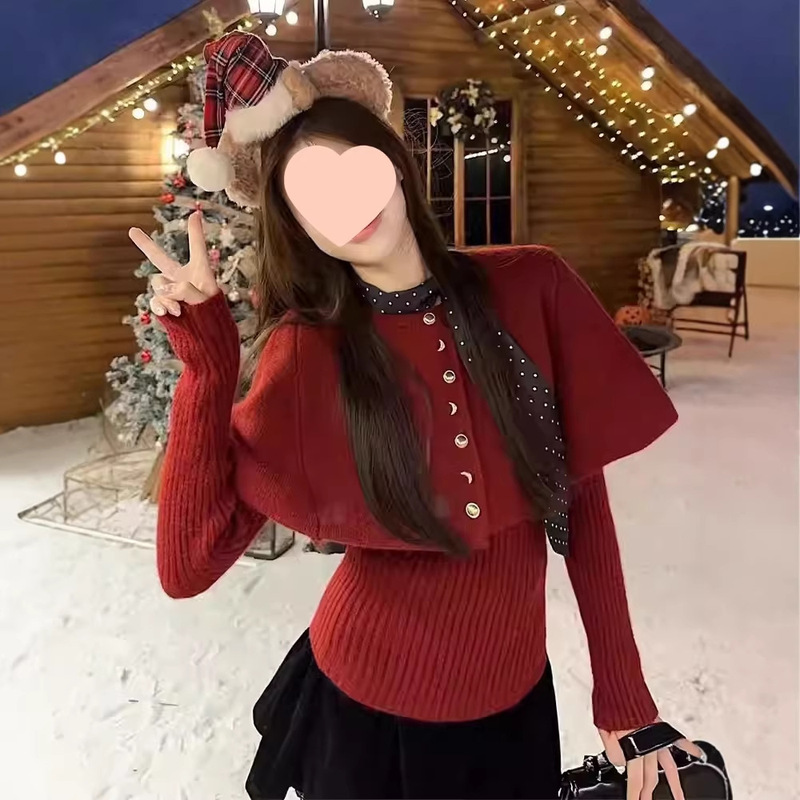 Korean-Style Christmas Outfit Red Cape Sweater Set for Women Autumn/Winter 2025 New Lazy Style Knitted Top Korean-Style Christmas Outfit Red Cape Sweater Set for Women Autumn/Winter 2025 New Lazy Style Knitted Top