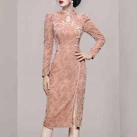 2024时尚新款立领水滴漏空盘扣滚边修身国潮旗袍优雅连衣裙