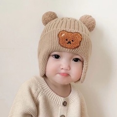 秋の冬の太線ニット帽の新型かわいい熊の男女の赤ちゃんの冬のベルベットの毛糸の帽子は耳の子供の帽子を保護します。