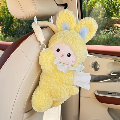 Cute Bunny Car Tissue Box Car Tissue Box Hanging High-End Creative Cartoon Car Tissue Hanging Bag for Women (Car tissue box/set) - beanie-velvet-bunny-tissue-box-yellow