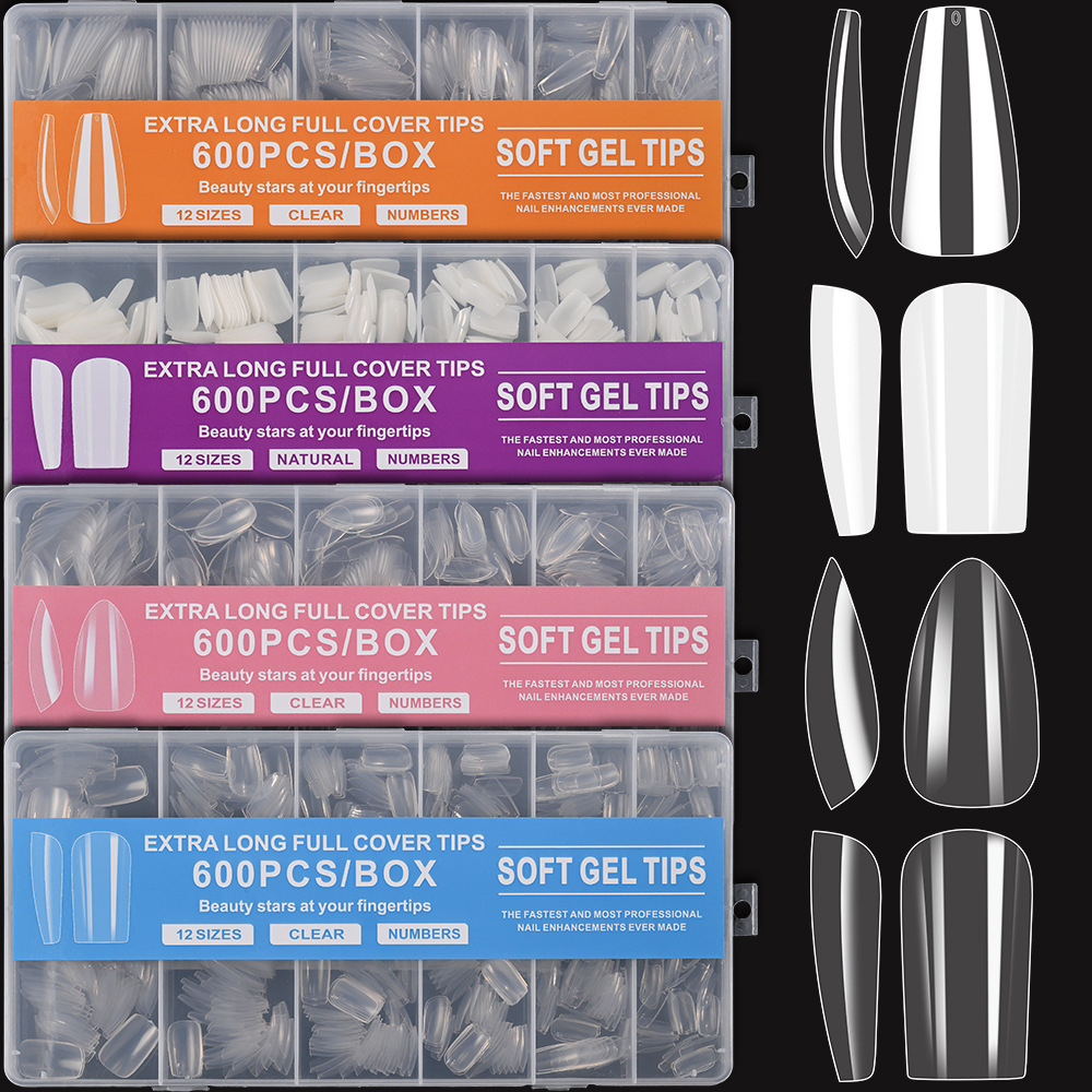 600 piezas transfronterizas de uñas transparentes de longitud media, uñas de almendra, uñas generosas de escalera media, uñas postizas, uñas extraíbles