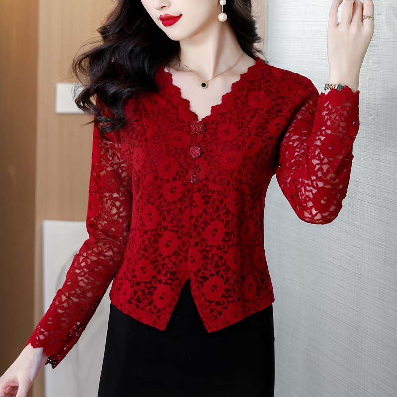 Plus Size Elegant Waist-Cinching Inner Luxury Lace Top for Women 2025 Spring and Autumn High-End Fashion Stylish Collared Blouse