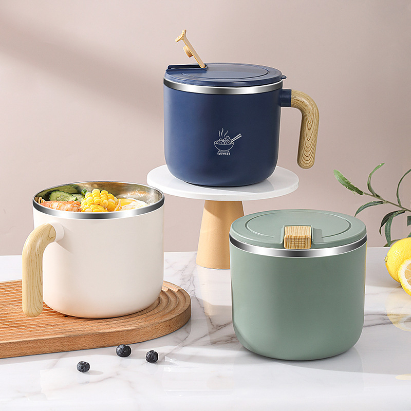 304 Stainless Steel Handle Large Capacity Instant Noodle Bowl with Lid Fast Food Cup Student Office Worker Lunch Box Insulated Lunch Box