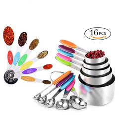 16-Piece Baking Tools Set: Silicone-Handled Stainless Steel Measuring Cups & Spoons, Including Seasoning Spoons with Precise Measurements and Magnetic Function