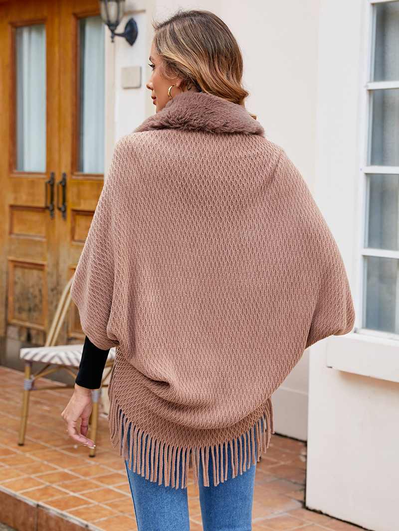 Wollkragen gestrickter Quasten-Cape-Mantel für Damen mit modischem Cape_voghion.com