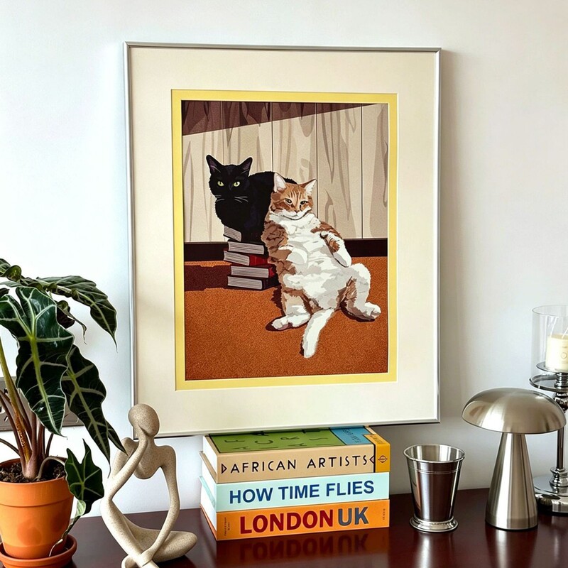 "Lazy" Vintage Bauhaus Living Room Sofa Back Wall Art, Cat-Themed Dining Room Entryway Side Cabinet Decorative Painting