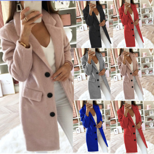 2019ebay AliExpress wish Autumn and Winter Solid Color Suit Collar Mid-Length Double Breasted Woolen Coat for Women