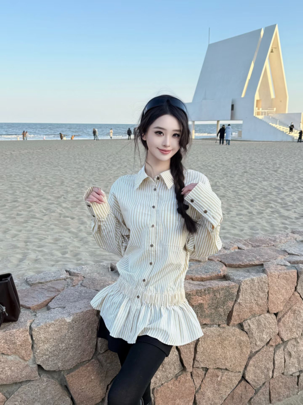 美式甜辣中长款条纹衬衫女装早秋设计感收腰显瘦别致小衫绝美上衣|undefined