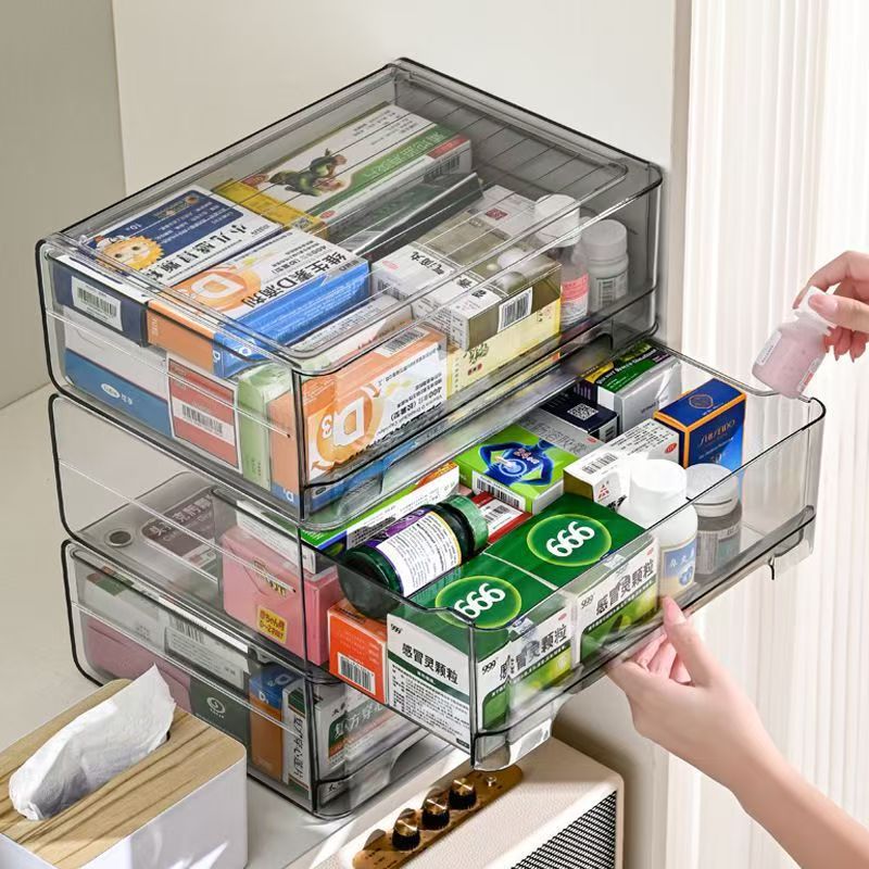 Caja de almacenamiento de medicamentos de tipo cajón transparente de gran tamaño para el hogar, caja de primeros auxilios a prueba de polvo apilada image 1
