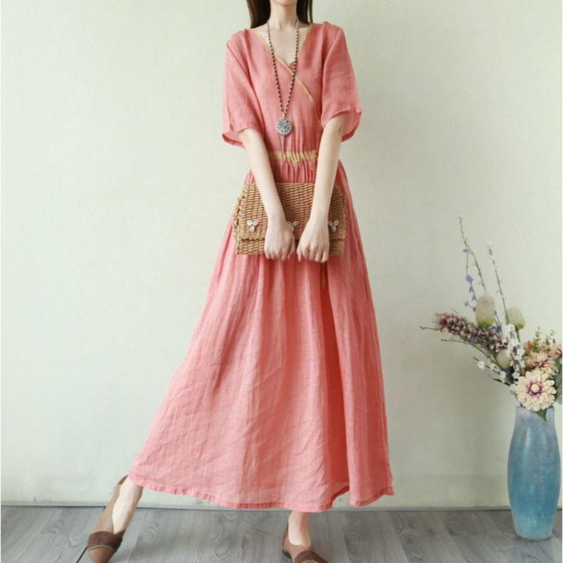 Clearance Sale~ Brand Discount Withdrawn Women's Artistic Cotton and Linen Dress Retro V-Neck Slimming Mid-Length Dress