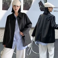 黑色甜酷风pu皮衣外套女春季新款复古条纹撞色设计感中长款风衣潮