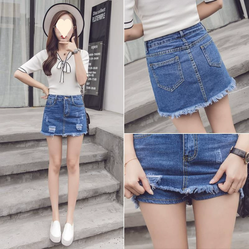 Джинсовые шорты-юбка для женщин, лето 2025, новый стиль, рваные кюлоты с необработанными краями, высокая талия, поясная сумка, защита от складывания