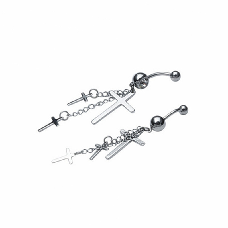 Fashion European Body Piercing Jewelry, Stainless Steel Three Cross Navel Ring With Long Chain And Tassels Easy To Wear_voghion.com