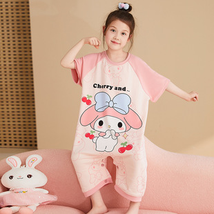 Children's One-Piece Pajamas Summer Pure Cotton Girls' Medium and Large Kidsren's Anti-Cold One-Piece 2025 New Short-Sleeved Home Clothes