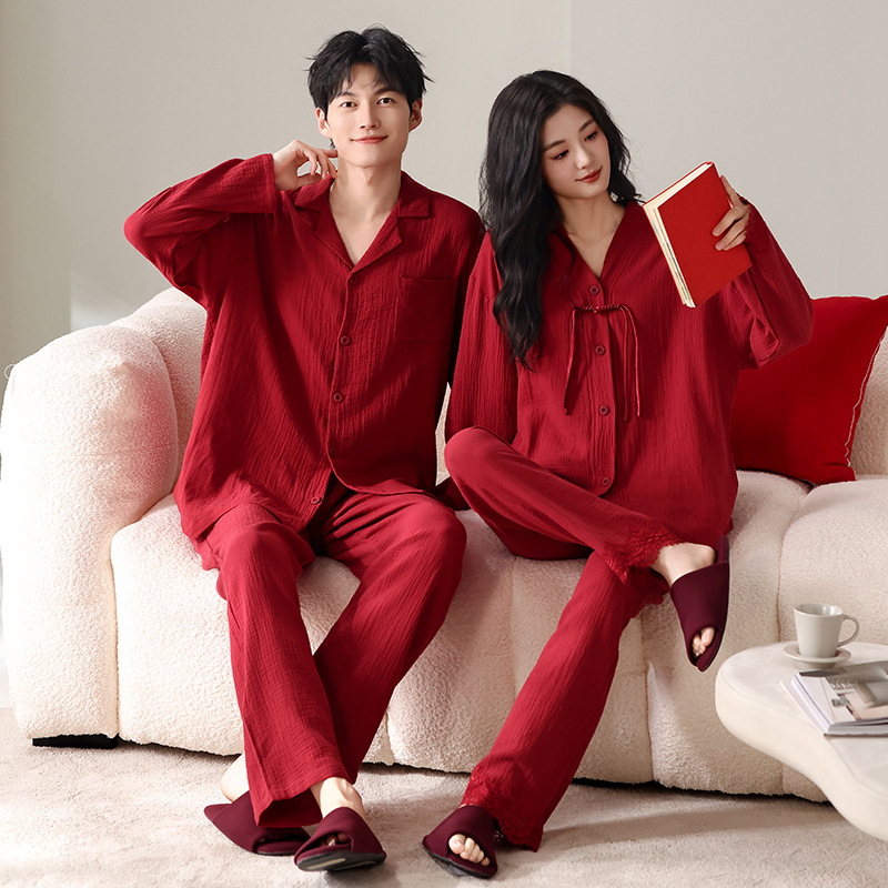 New Spring and Autumn Couple's Pajamas, Pure Cotton Gauze, Red Festive Wedding Bride and Groom Two-Piece Home Wear Set
