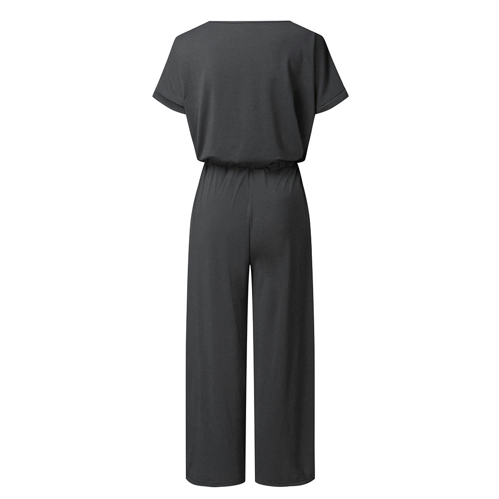 Casual Spring Summer Elastic Waist V neck Wide Leg Jumpsuit for Women