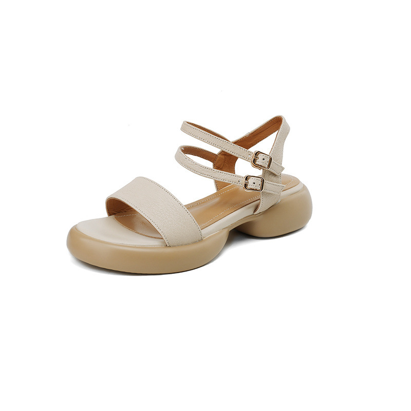 Sandal nữ hở mũi quai ngang gót vuông đế dày da cừu — Màu trắng be