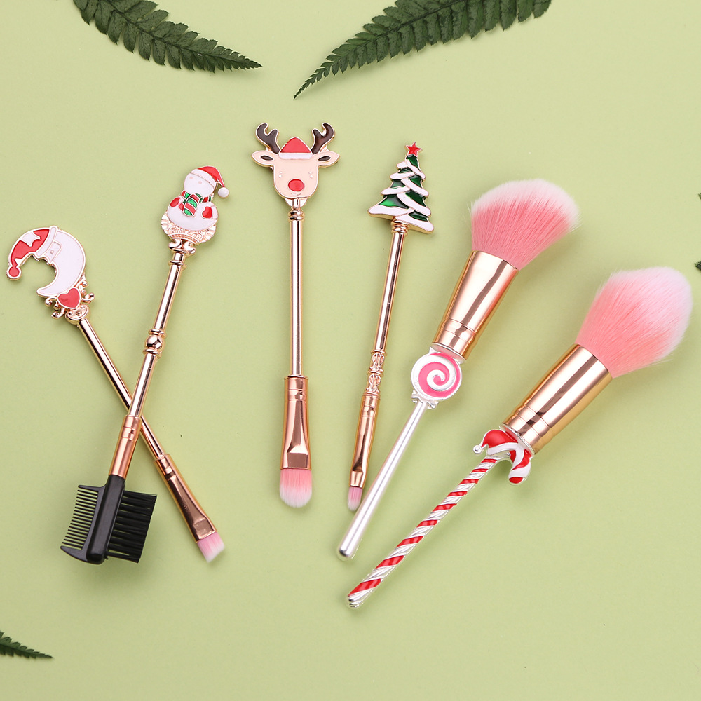 Make-up-Pinsel-Set aus Metall im Weihnachtsstil, Weihnachtsgeschenk, Schönheitspinsel für Anfänger_voghion.com