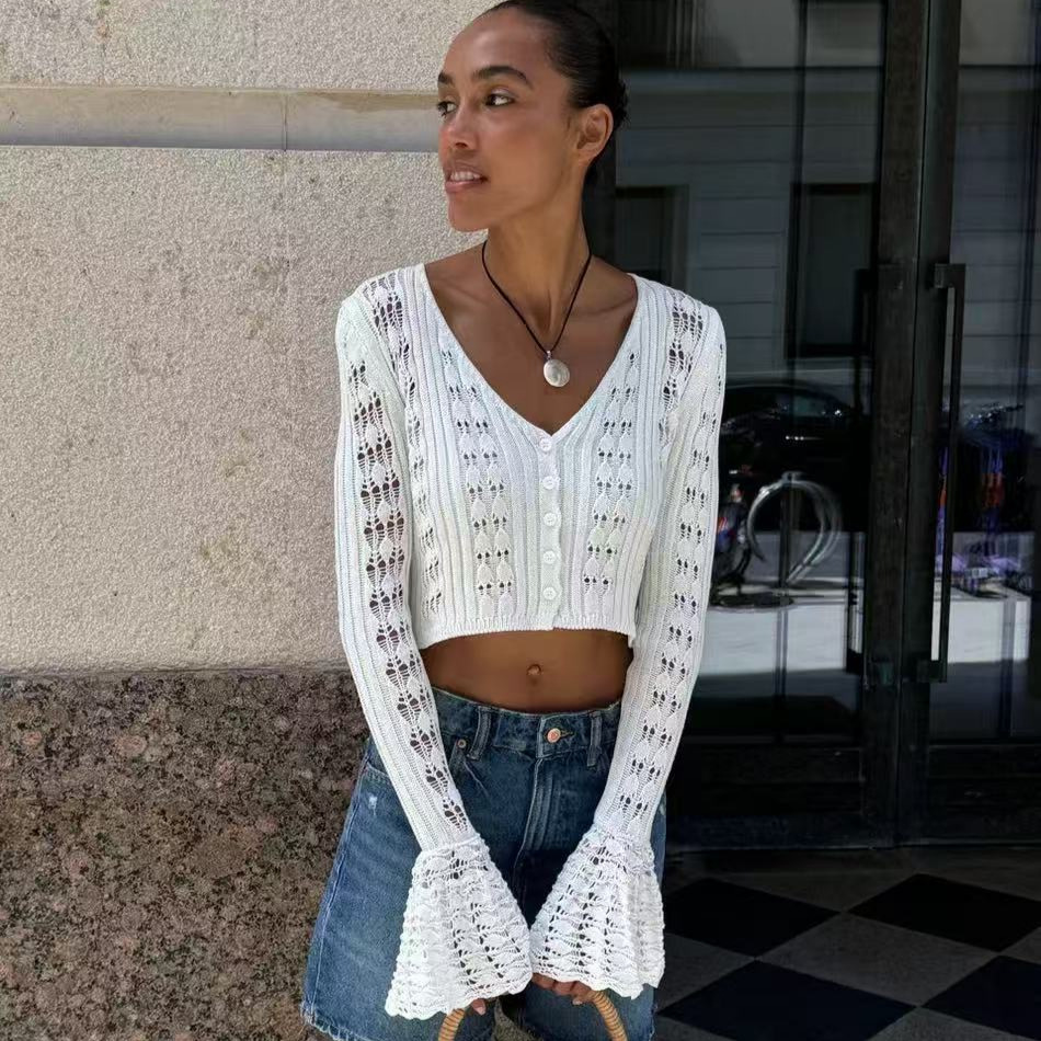 European And American Cross-border Fashion Hollow-out Cardigan For Women, New Solid Color Long-sleeve V-neck Short_voghion.com