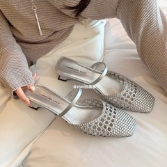 秒發！蘇茵茵同款鞋法式復古編織鏤空粗跟穆勒涼拖鞋女半拖夏