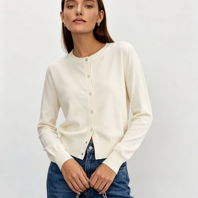 European and American Cross-Border Knit Cardigan, Stylish Thin Cardigan for Women, 2026 Casual Round-Neck Design Women's Sweater Coat