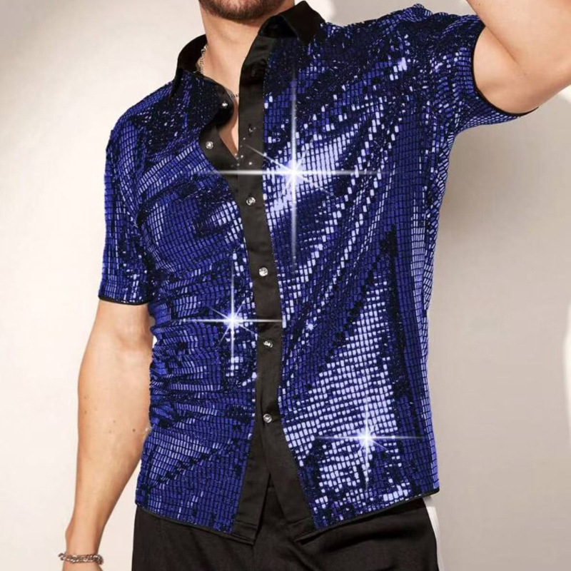 Cross-Border Hot-Selling Trendy Breathable Sequin Short-Sleeve Shirt Amazon Men's Square Collar Color-Block Shirt Cosplay