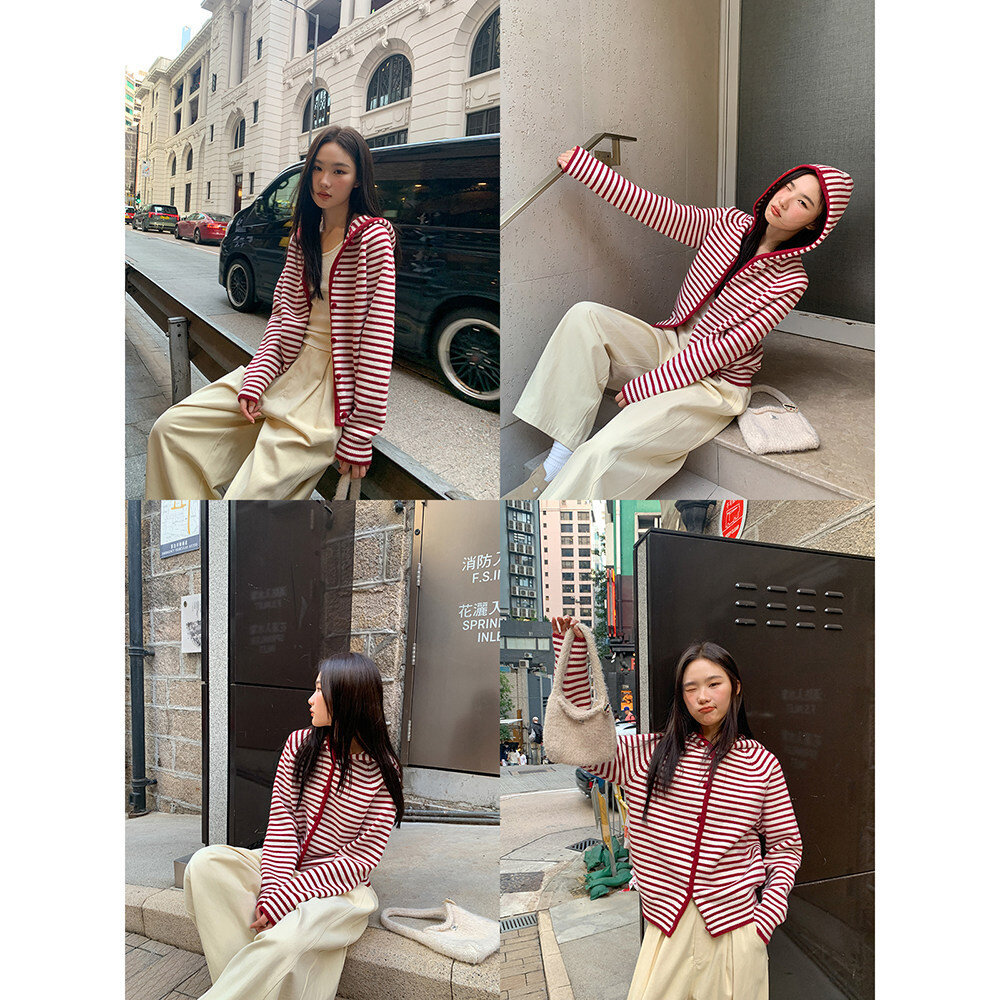 细条纹连帽针织开衫女春秋2026新款宽松设计感毛衣外套