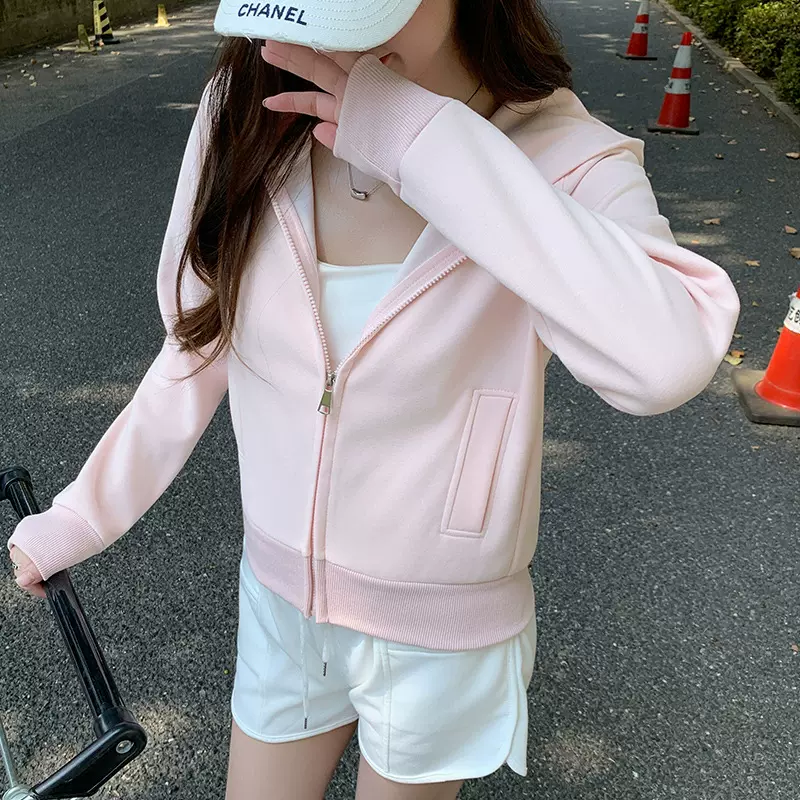 1203拉链连帽卫衣外套女春秋冬季带口袋内搭短款正肩开衫上衣