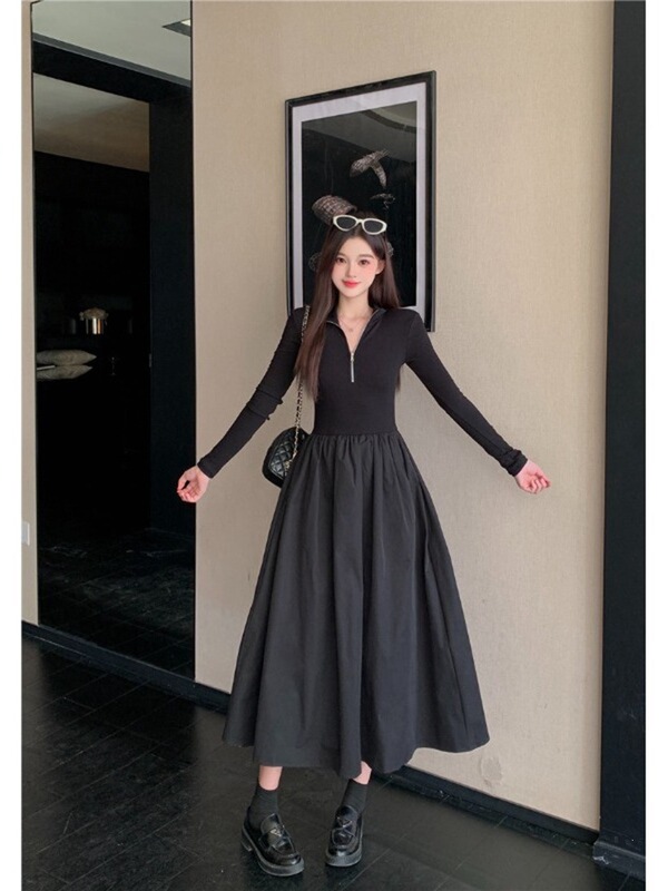 Knitted long autumn and winter dress for women, high-end style, petite black dress, base layer, new black model