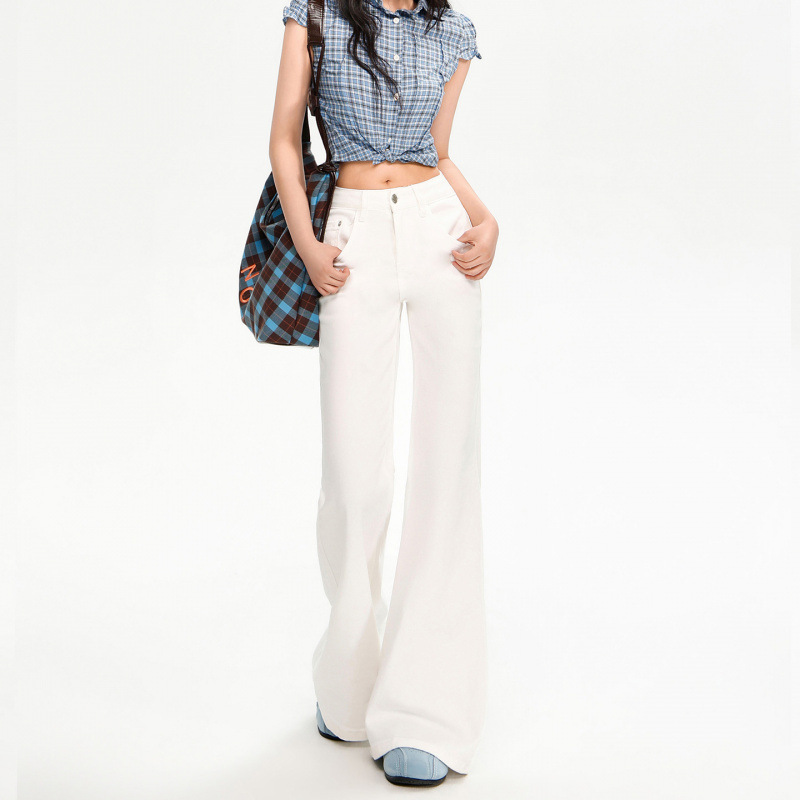 White Sweet-Cool Style Elastic Mid-Low Waist Jeans for Women, 2026 Spring/Summer New Loose Fit, Slimming, Drapey Flared Pants