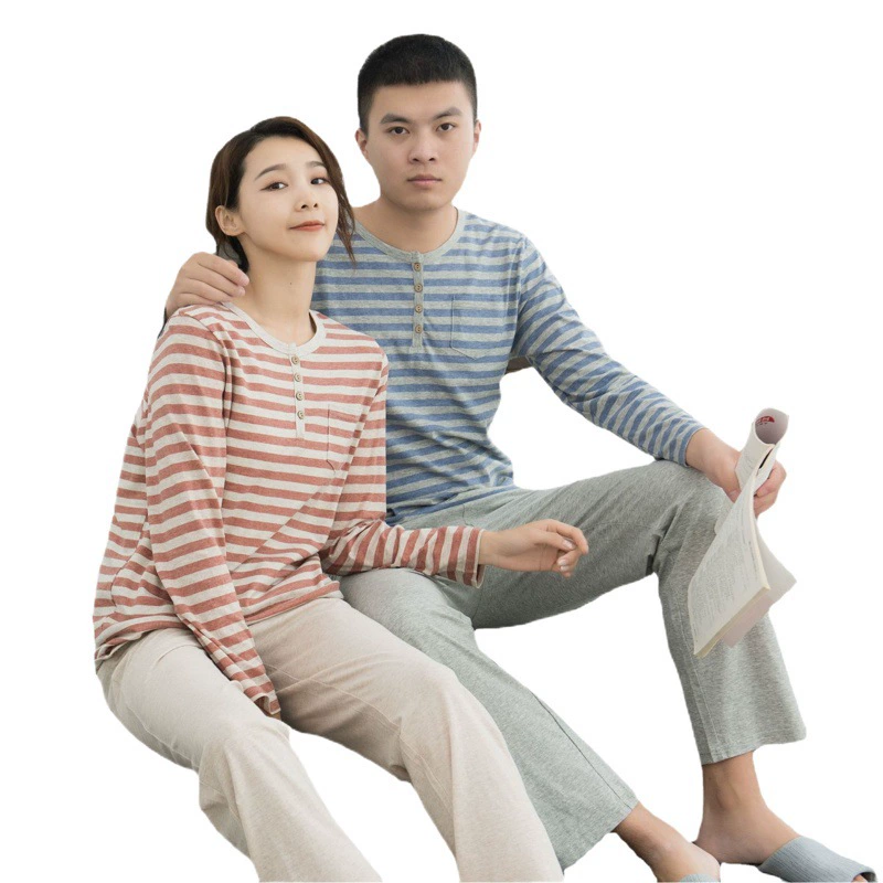 Класс A без печати, пряжа, хороший продукт из пеларгона, трикотажная полоска, пижама, домашний костюм с длинными рукавами, брюки, набор для пар