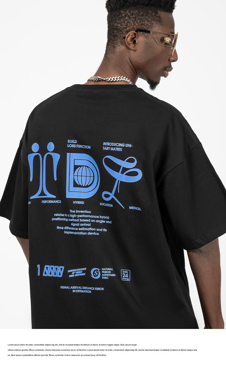 Vyriški trumpomis rankovėmis 220 g pavasario-vasaros medvilniniai laisvi marškinėliai paaugliams su kinišku abstrakčiu spaudiniu_voghion.com