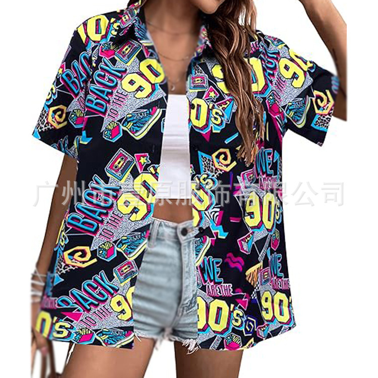 Cross-Border European and American 2025 Amazon 80S and 90S Retro Printed Short-Sleeved Shirt Beach Vacation Top for Women