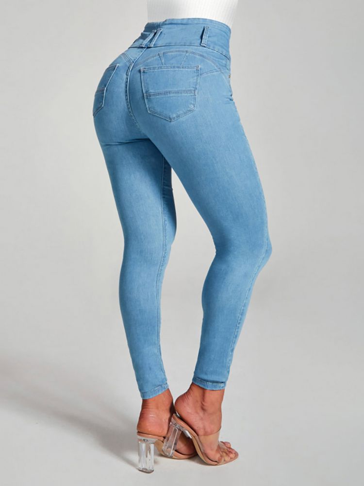 Jeans Ajustados de Cintura Alta para Mujer de Mezclilla de Algodón con Alta Elasticidad