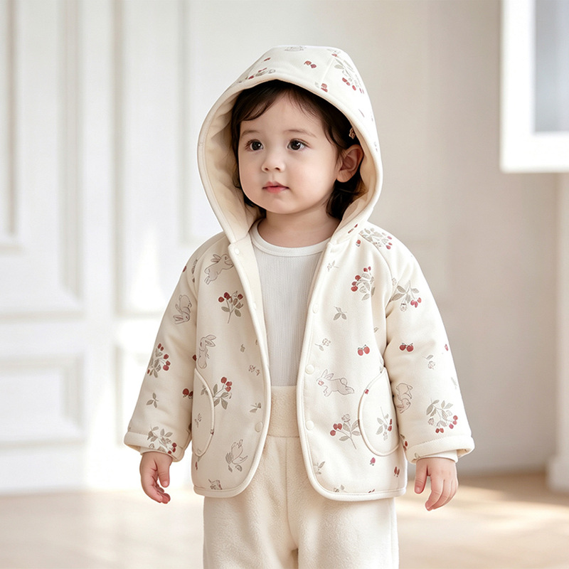 Autumn and winter A-class 80g quilted baby hooded jacket, children's thickened cardigan top, Korean-style clothing for babies going out