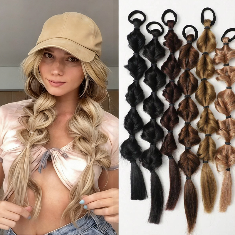 Cross-Border New Product Lantern Bubble Braid Wig Ponytail Female 20Inch Chemical Fiber High Temperature Silk Natural Artificial Double Ponytail