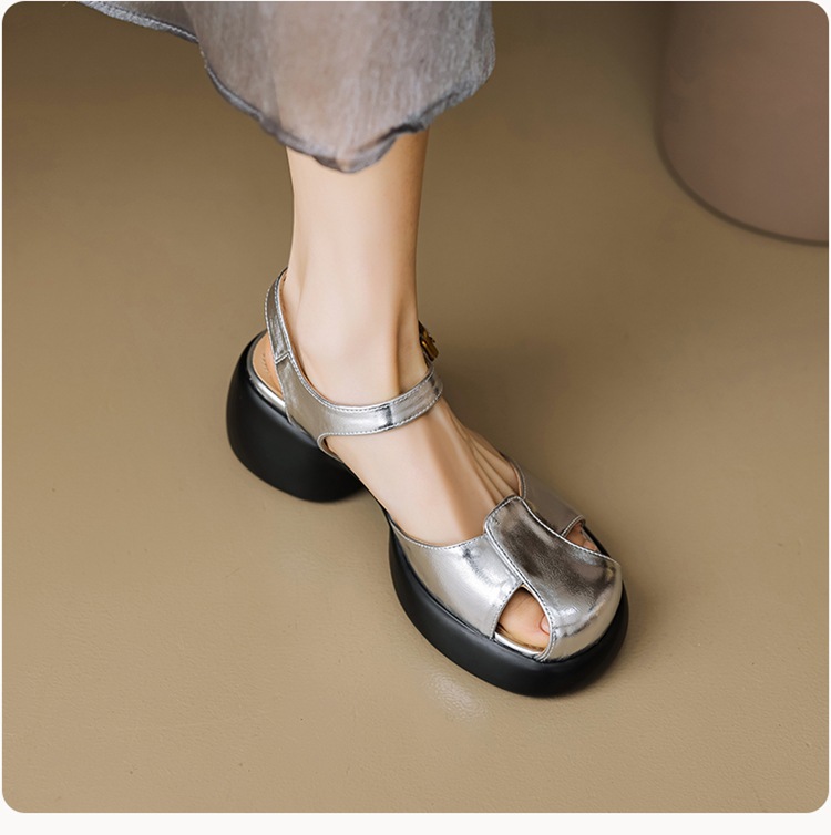 Sandal cao gót nữ bít mũi da cừu gót thô kiểu La Mã đế dày quai ngang — Màu trắng be chi tiết 13