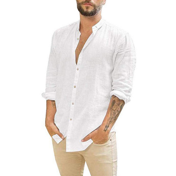 Hot Selling Spring and Summer Men's Casual Versatile Linen Cardigan Solid Color Casual Standing Collar Shirt_voghion.com