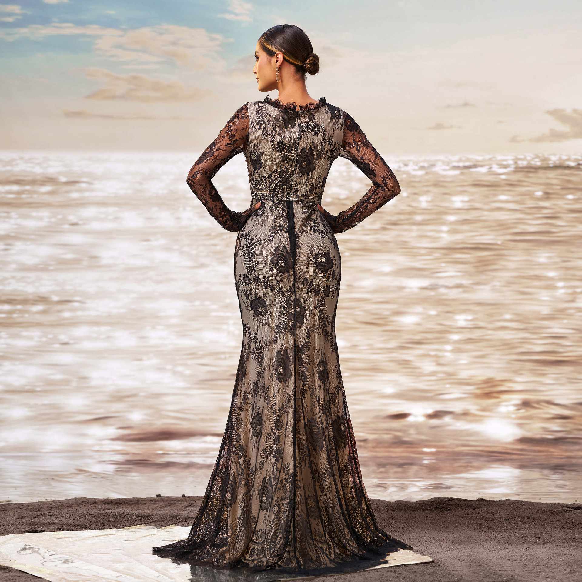 European And American New High End Long Sleeved Round Neck Banquet Mesh Hip Wrapped Fishtail Evening Dress Bridesmaid Dress Dress Women_ecoleips.com