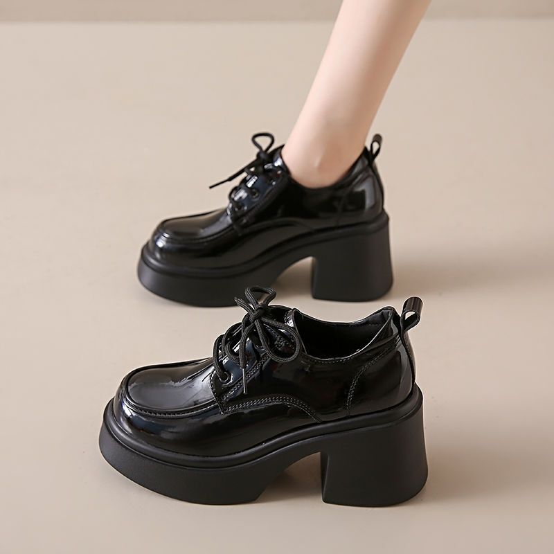 Women's Thick-Soled Leather Loafers with Hidden Height Increase, Lace-Up High-Heeled Single Shoes, Mid-Heel Hidden Height Increase Women's Shoes, Spring Style