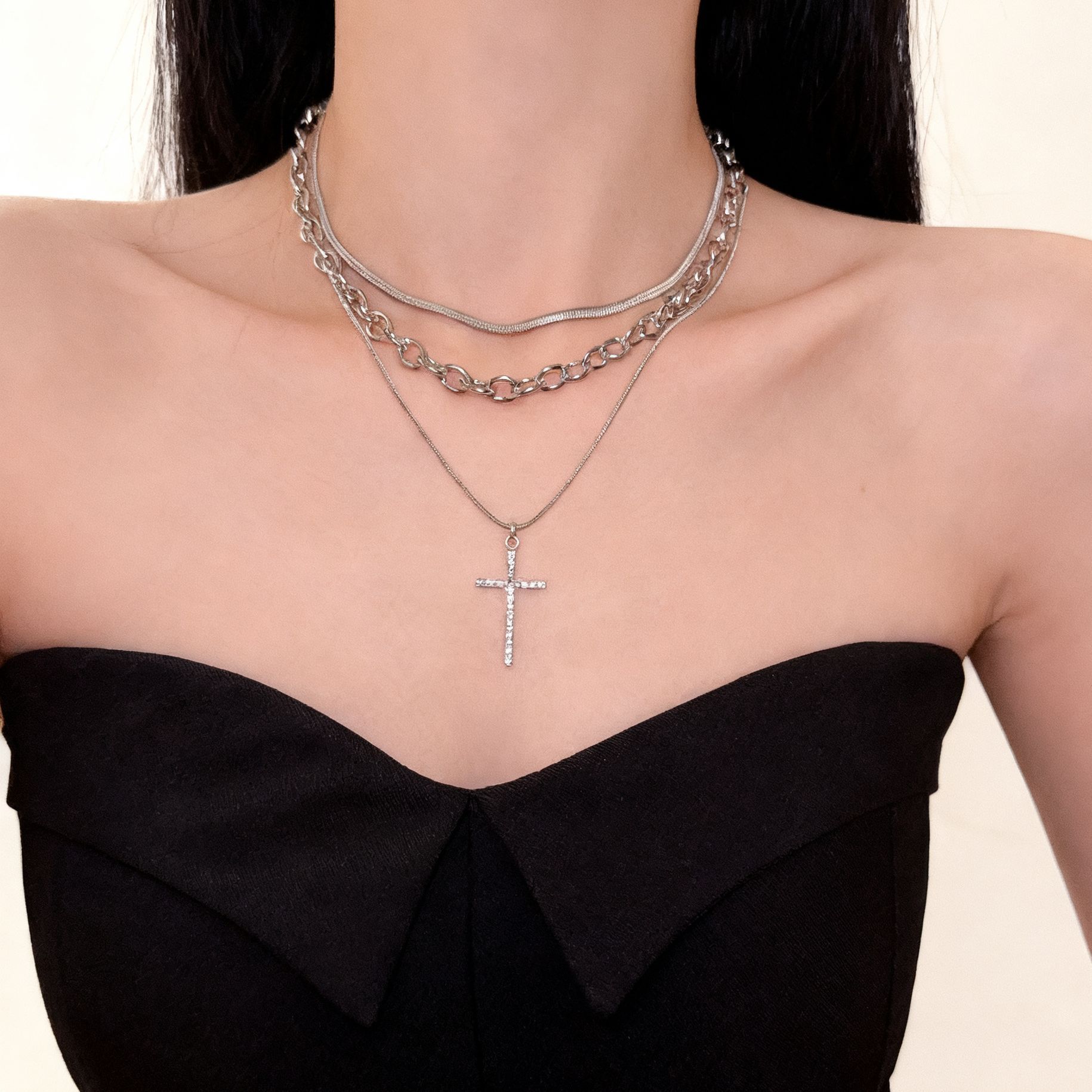 European and American Cross-Border Best-Selling Jewelry Multi-Layered Necklace for Women, Personalized Fashion Full Diamond Cross Pendant Clavicle Chain for Men