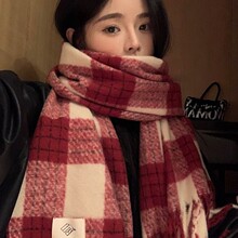 韩系氛围感围巾女冬季2025新款红色圣诞格子百搭围脖保暖学生批发