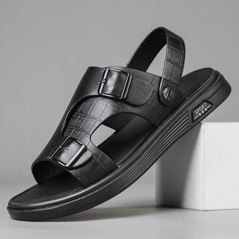 Zapatos de playa de piel de vaca de primera capa para hombre, sandalias para exteriores, zapatos transpirables con punta abierta de cuero genuino informales a la moda para hombre, nuevo estilo de verano