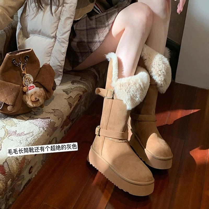 Женские утепленные зимние сапоги Grape Mom в едином стиле, серые, на толстой подошве, с флисовой подкладкой, двусторонние, с ремешком на пряжке и манжетами, хлопковые сапоги средней длины для женщин.