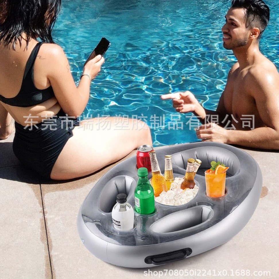 外贸热销 PVC充气水上冰吧多孔啤酒饮料杯垫托盘水果 泳池餐盘